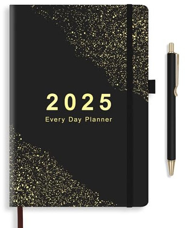 BELIAYAS Terminkalender 2025 A5, Terminplaner Softcover mit PU-Leder, 12-Monate-Kalender (Jan.2025-Dez.2025) mit 1pcs Schwarzer Kugelschreiber(1.0mm), 3 Seiten für 1 Woche, 156 Seiten, Schwarz