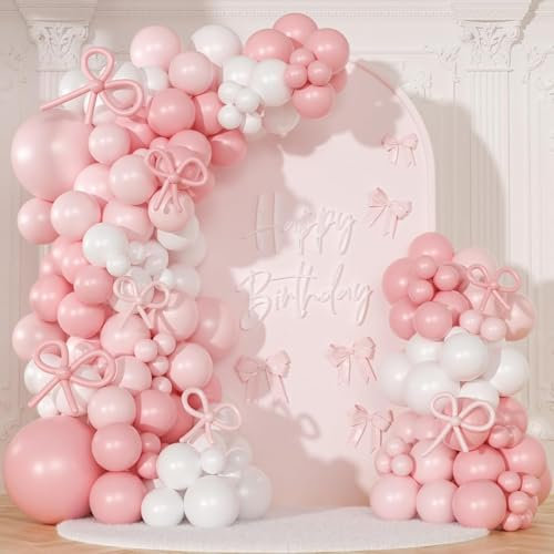 Kit de guirlande d'arche de ballons roses avec nœud rose pastel pour fille - Décorations d'anniversaire avec coquette longue et ballons blancs pour anniversaire, fête prénuptiale