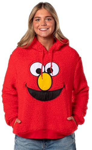 Sesamstraße Elmo bestickter Aufnäher für Damen, großes Gesicht, Plüsch-Fleece, langärmelig, Erwachsenenkostüm, Pullover, Hoodie, Elmo Face, X-Large