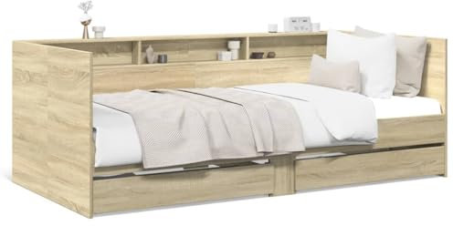 Gästebett für Einzelbett mit Schubladen und Ausziehbett und Schublade für Wohnzimmer und Schlafzimmer, Hochbett mit Holzrahmen, Sonoma-Eichen-Finish, 75 x 190 cm