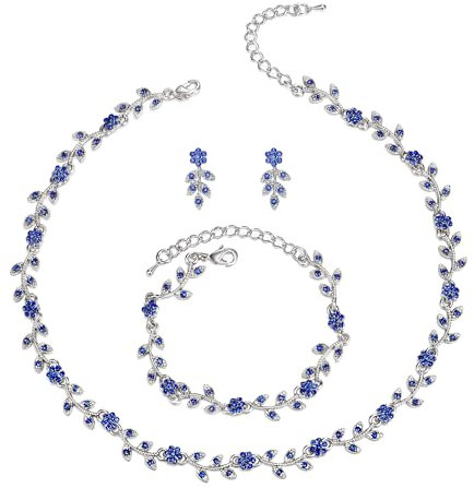 Clearine Hochzeit Schmuck-Set für Damen Braut, wunderschöne beeindruckende Kristall Blume Blatt Cluster Choker Halskette Link Armband Ohrstecker Set für Braut Brautjungfer dunkel blau Silber-Ton