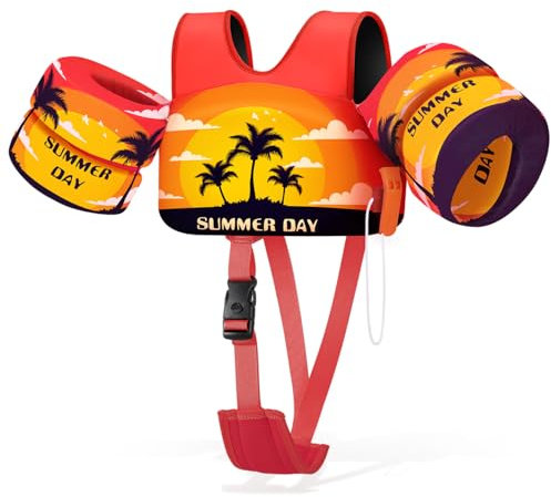 HeySplash Gilet da Nuoto per Bambini, Braccioli Galleggianti da Bambini con Cinghia Regolabile per Piccoli da 6-15kg, Giubbotto Galleggiante Bracciali Nuoto con Fischio, Tramonto Arancione