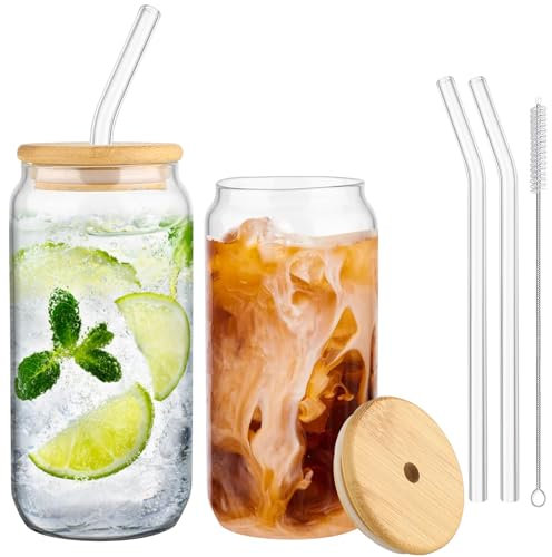 2 Pack Can Shaped Glasses 500ml Glass Cups with Bamboo Lids and Glass Straw Iced Coffee Cup Tumbler for Cocktail Whiskey Soda Beer