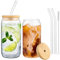 2 Pack Can Shaped Glasses 500ml Glass Cups with Bamboo Lids and Glass Straw Iced Coffee Cup Tumbler for Cocktail Whiskey Soda Beer
