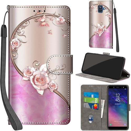Handyhülle für Samsung Galaxy A6 2018 Hüllen Premium Leder Case Klappbar Wallet Magnet Kartenfach Standfunktion Schutzhülle kompatibel mit Samsung A6 2018 Cover,Rose