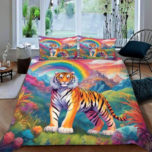 Zbeiba Bettwäsche 135x200cm Tiger und Regenbogen auf dem Berg Bettbezug und 2 Kissenbezug 80x80cm 3 teilig,#10,3D Drucken Bettbezug Mit Reißverschluss
