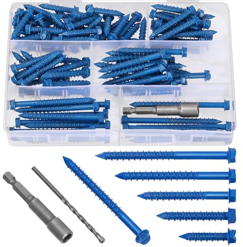 Mardatt 102Pcs 1/4” 5 Sizes Concrete Screws, Slotted Hex Washer Head Concrete Screws Anchor with Drill Bit and Hex Bit Socket, Self Tapping Masonry for Anchoring to Masonry Block Brick Stucco