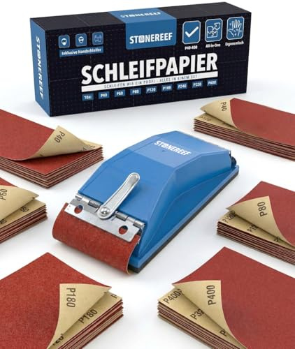 Schleifpapier Set 81 tlg 93x230 mm P40-P400 Handschleifer Holz Metall | 80 Blatt in 8 Körnungen von P40 bis P400 plus Handschleifer — vom Grobabtrag bis zum Feinschliff in einem Set