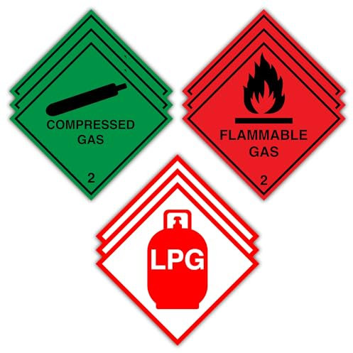 Lot de 9 - 3 autocollants d'avertissement pour gaz inflammable, 3 gaz comprimé et 3 GPL - 98 x 98 mm - Étiquettes de sécurité autocollantes en vinyle pour caravane, camping-car, casier à gaz