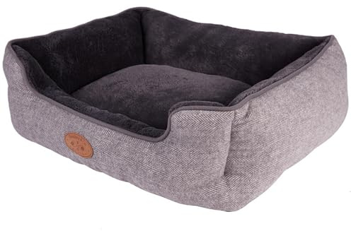 Banbury & Co Grey Dog Bed, High-Sided Herringbone Pet Sofa, Warm Extra Soft Fleece Inner Machine Washable Luxury Pet Bedding - Medium | L69 x W52 x H24cm