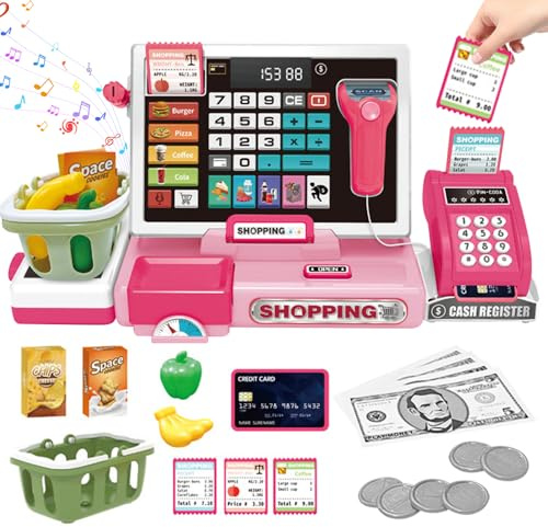HIULLEN Elektronische Kasse Spielzeug für Kinder, Kasse Kinder Rollenspiele mit Rechnerfunktion Scanner Spielzeuglebensmittel Einkaufskorb, Spielkasse für Kinders