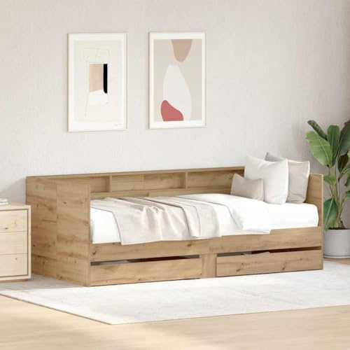 Hoodmeel Tagesbett mit Schubladen 90x190 Schlafsofa 90x190 mit Schubladen Gästebett Jugendbett Bettgestell Holz-Eiche handwerklich-90 x 190 cm