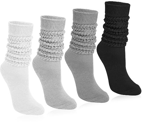Tialfas Kniestrümpfe Damen Baumwolle Slouch Socken Stiefelsocken 4 Paar | Weiche Strick Socken Damen Strümpfe kniestrümpfe Extra lange Beinwärmer Scrunch Geschenk für Herbst Winter EU 35-42