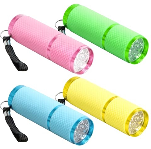Lot de 4 petites lampes de poche LED super lumineuses avec 9 LED, multicolores pour enfants avec cordon, lampe de poche avec poignée en caoutchouc pour camping, randonnée, extérieur, cadeau, sans