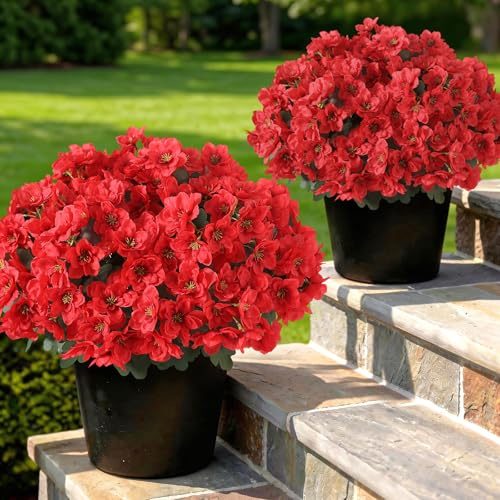 YXZZWL 2Pcs Artificial Azalea Flower Topiary Ball Trees for Front Door(Red)