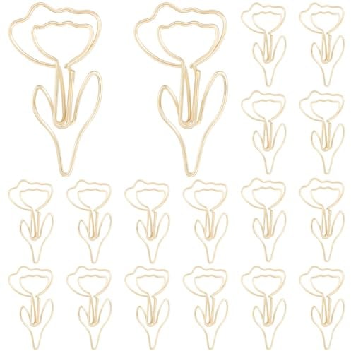 SOFPLATE 30Pcs Flower Shaped Paper Clips Gold Bookmark Clips Iron Tulip Floral Small Metal Aesthetic Wire Binder Clamp Book Marker Paperclips for Book Paper File Note Page Sorting Holder Office School