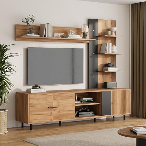 Merax Wohnwand 3er Set, Wohnzimmer Möbel Set, Hängend, 1x TV Lowboard, 1 x Wandregal, 1 x Offene Wandschränke, Wohnzimmermöbel Komplett, Schrankwand Mediawand mit Viel Stauraum, Holzfarbe & Schwarz