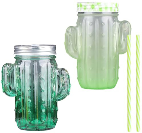 Garneck Lot de 2 Gobelets en Verre Paille et Couvercle, Forme Cactus, Capacité Moyenne, Faciles à Nettoyer, Adaptés pour Boissons Fraîches et Usage en Réutilisable Couleur Aléatoire