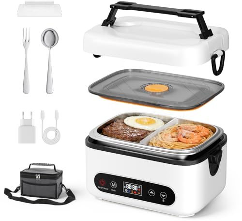 Jradse Fiambrera Electrica, 1.2L Inteligente Lonchera Térmica con Pantalla Táctil, Lonchera Térmica Inalámbrica con Platos de Acero Inoxidable y Bolsa Térmica, Ideal para la Oficina/Viajes/Camping