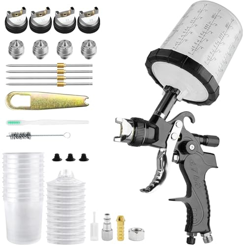 HVLP Professionnel Pistolet à Peinture avec 10 gobelets jetables de 650 ML, Pistolet Peinture Air Comprimé 3 Buses 1,4/1,7/2,0/2.5mm et Accessoires, HVLP Meubles Voiture de réparation