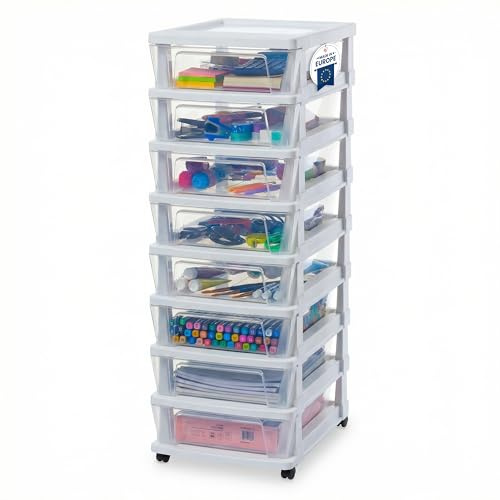 Iris Ohyama, Rollcontainer Kunststoff auf Rollen, 8 Kompakte Schubladen, Weiß, Leichtes Öffnen, Aufbewahrung, für Badezimmerschrank, Zimmer, Organizer, BPA-frei, KMC-380