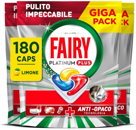 Fairy Platinum Plus Pastiglie Lavastoviglie Tutto in Uno, 180 Caps, Limone | Detersivo con tecnologia anti-opaco