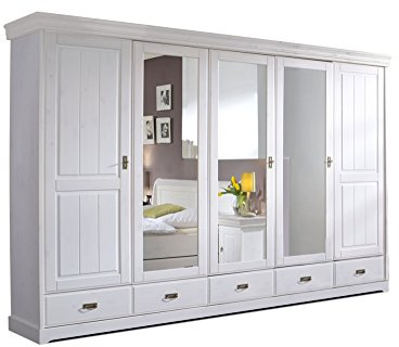 moebel-eins Roman Kleiderschrank/Drehtürenschrank teilmontiert, Material Massivholz, Kiefer, 5-türig, Weiss