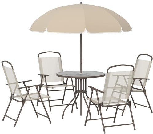 Outsunny 6 Piece Garden Dining Set with Umbrella, Patio Sets with Parasol with 4 Folding Dining Chairs & Round Tempered Glass Table, Beige