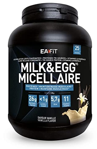 EAFIT - Milk&Egg - Protéines tri-sources : caséine, isolat, blanc d'oeuf - Assimilation lente - Protein de caseine - Proteine en poudre pour musculation - BCAA vitamine et minéraux- Vanille - 750g