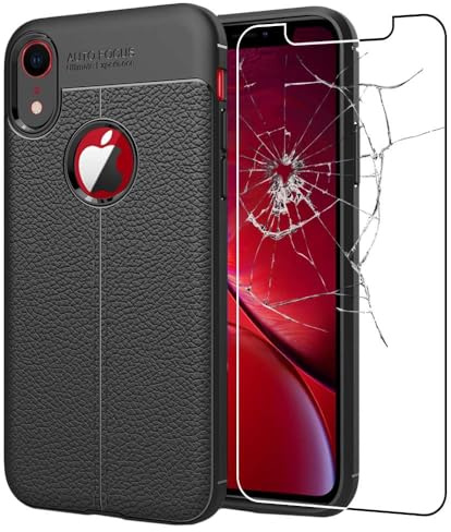 ebestStar - Funda Compatible con iPhone XR Carcasa Silicona Gel, Protección Diseño Cuero Ultra Slim Case, Negro +Cristal Templado Protector Pantalla [Aparato:150.9x75.7x8.3mm 6.1]