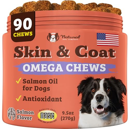 Natural Dog Company - Skin & Coat Omega Supplement | Supports Healthy Shiny Coats, Relieves Dry, Itchy Skin | Salmon & Pea Flavor - 90 Chews