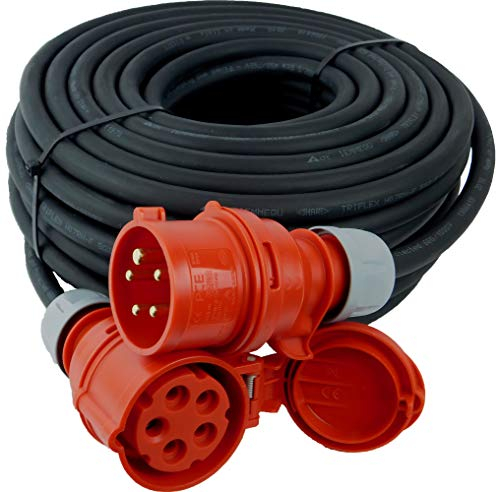 NWP CEE-Verlängerung 20m 400V 32A, Schwarz, IP44 5x4mm² H07RN-F - Gummischlauchleitung, Verlängerungskabel für Baustelle, Industrie, Außenbereich