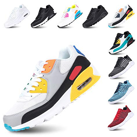 Hitmars Chaussures de Course Homme Femme Running Sport Fitness Respirantes Legere Gym Athlétique AIR Sneaker Blanc-Jaune 36