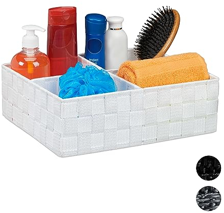 Relaxdays Aufbewahrungskorb mit 4 Fächern, Kosmetik Aufbewahrung im Bad, Körbchen Wohnzimmer, HBT: 10 x 32 x 27 cm, weiß, 1 Stück