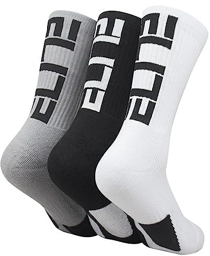 Podinor Elite Basketballsocken, gepolsterte sportliche Sportsocken für Männer, Jungen, Frauen, Mädchen, 3 Paar (schwarz + weiß + grau), Einheitsgröße