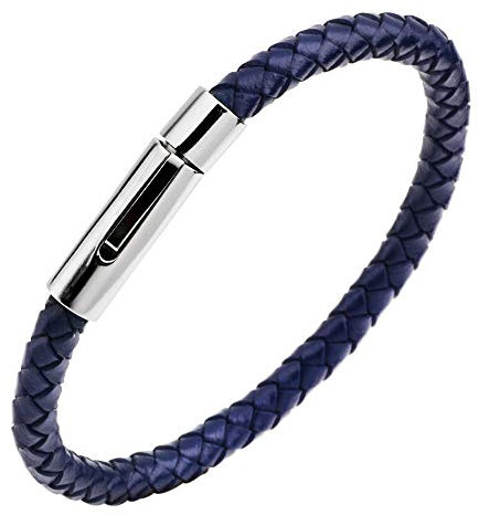 ADGJL Bracelet Cuir Femme,Bracelet en Cuir De Mode Bleu Marine À La Main Tressé Minimalisme Manchette Bracelet Bracelets Personnalisés Fermoir Poli pour Hommes Femmes Cadeau