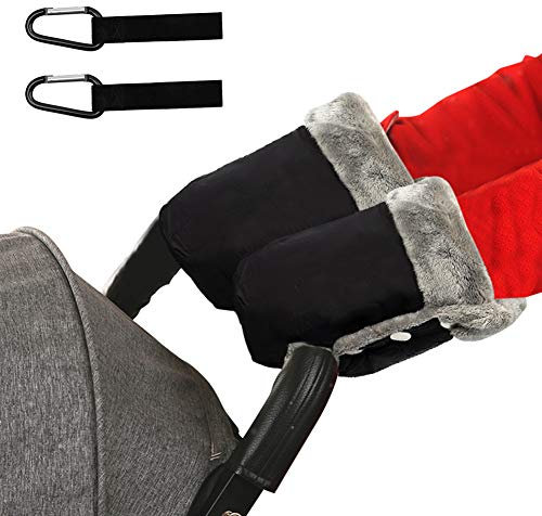 Novelfun Baby Pushchair Fleece Hand Muff Pram Hand Gloves Stroller Warmer Buggy Baby Carriage Waterproof Windproof Anti-Freeze Extra Thick Pram Accessories Baby Stroller Gloves with Pram Hook - Black