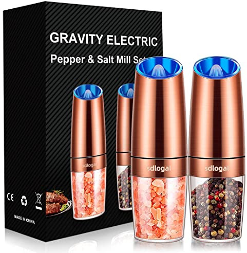 sdlogal Salt and Pepper Mill Electric (Copper, 2 Pieces), Gravity Automatic Operation Spice Mills with LED Light, Adjustable Coarse Mechanism, Battery Operated, Salt Mill for Home, Kitchen