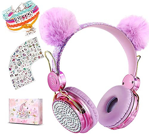 SVYHUOK Boule de Poils Casque Audio Enfant, Casque Bluetooth sans Fil Enfant Fille avec Microphone, Volume Limité 85dB Casque Enfant Audio avec Lumières LED pour Smartphone/PC/IPad/Etudes/Voyages