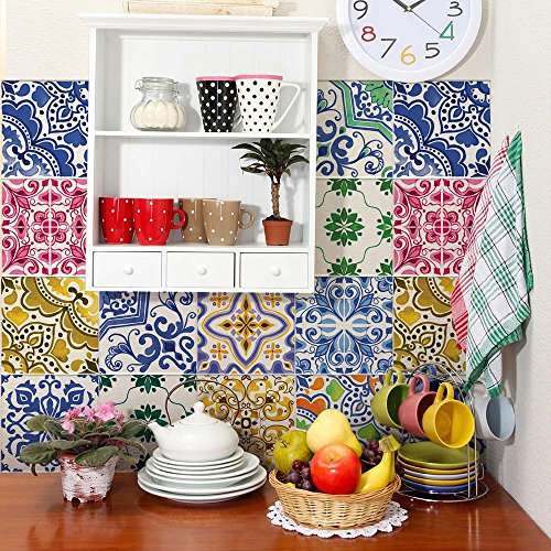 RE-COVERTILES - Fliesenaufkleber Badezimmer und Küche 24 Stck 10x10 cm - PS00137 PVC-Wanddekoration Wasserdicht Fliesen Mosaik Stil Azulejos-Zementfliesen