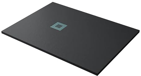 doporro Duschwanne Duschtasse 80x120x3cm flach aus Mineralguss in Anthrazit Rechteckig DIN-Anschlüsse für bodenebene Montage geeignet inkl. Ablaufgarnitur AL006