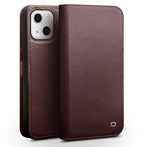 Yidai-Silu iPhone 13 Genuine Leather Money Case 【Classic II, 100% Handmade】 Cowhide Wallet Flip Bookcase Card holder Shockproof Kickstand Phone Cover for iPhone 13 6,1 - Brown