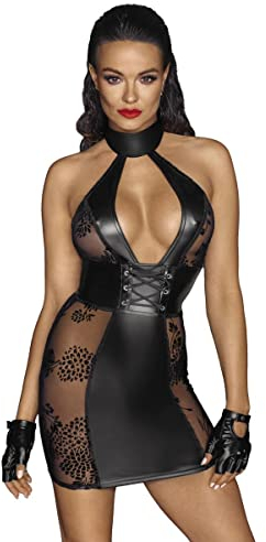 .Noir Handmade Schwarzes kurzes Neckholder Wetlook Minikleid mit Stickerei, Reißverschluss und Hakenverschluss am Halsband 3XL