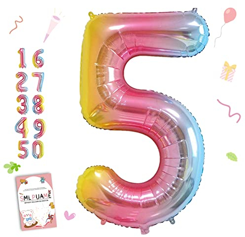 Smlpuame 102cm Folienballon Zahlen Luftballon 0-9 Geburtstag Regenbogen Farbverlauf, Große 5 Ballons für Geburtstagsfeier Feierdekorationen, Heliumfolien Zahlenballons für Hochzeitstag