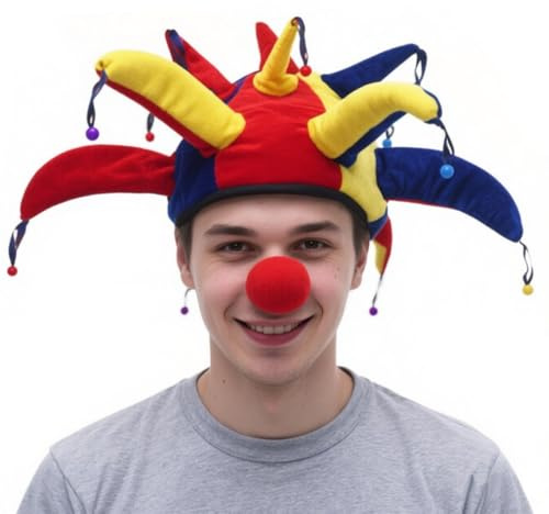 PENINSULA LOVE Mardi Gras Jester Hat Court Clown Plush Costume Hat with Nose for Halloween Carnival Party Cosplay Funny Prop