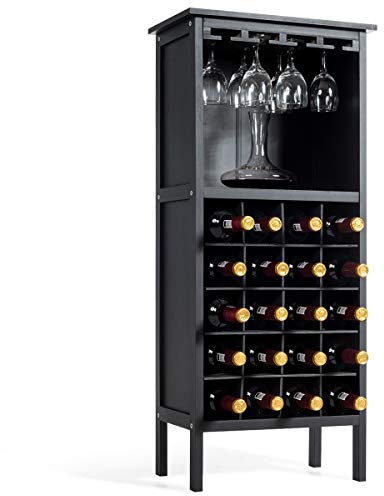COSTWAY Botellero con Soporte para 20 Botellas, Organizador de Almacenamiento de Vino con Soporte de Copas de Vino, Botellero de Madera 24.5 x 42 x 96cm, para Salón, Cocina (Negro)