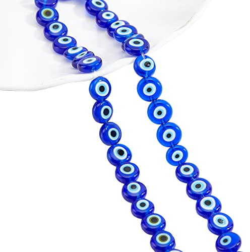 NBEADS Circa 48 pezzo di Perline di Vetro Evil Eye, Blu 8 mm Piatto Rotondo Lampwork Malocchio Charms Turco Malocchio Distanziatore Perline Occhio per Bracciali Creazione di Gioielli