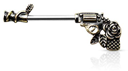 beyoutifulthings Brustwarzen-piercing Rose-Pistole Antik-Gold Brust-piercing Nippel-piercing Intim-piercing Chirurgenstahl Stab 14-mm