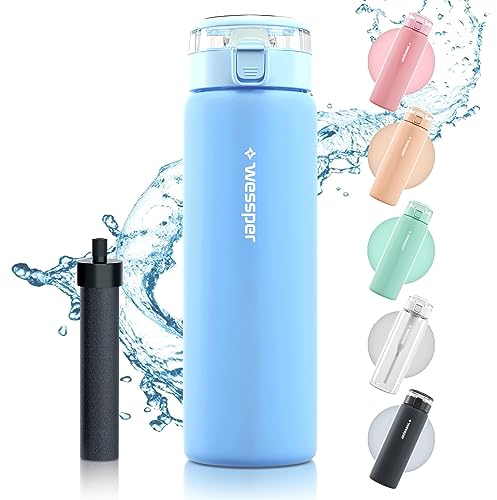 Wessper Borraccia in Vetro Borosilicato Trasparente, Borraccia Filtrante senza BPA 680 ml per Sport, Bambini | Bottiglia d'acqua, Cannuccia Filtrante a Carboni Attivi - Blu