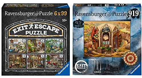 Ravensburger Puzzle 80575 80575-Das geisterhafte Gutshaus-6x 99 Teile Exit Puzzle ab 10 Jahren & RAVENSBURGER PUZZLE EXIT Puzzle 17305 - Exit The Circle in London ab 14 Jahren